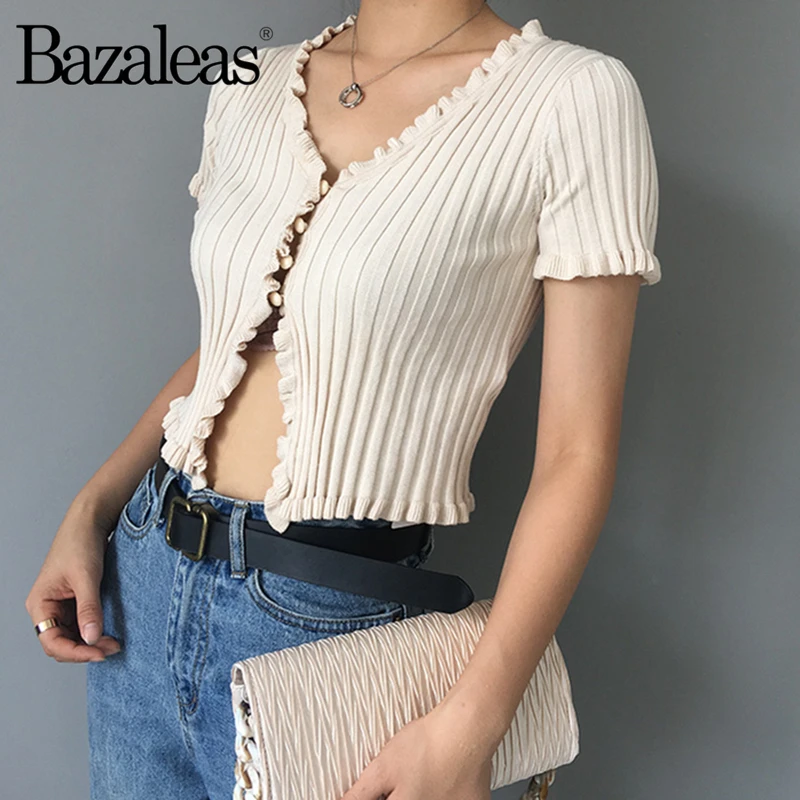 Винтаж оборками V образным вырезом вязаный Для женщин футболка центральные