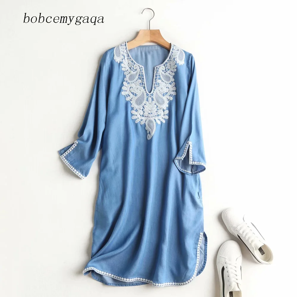 Женское джинсовое мини-платье с вышивкой длинным рукавом весна-лето элегантное