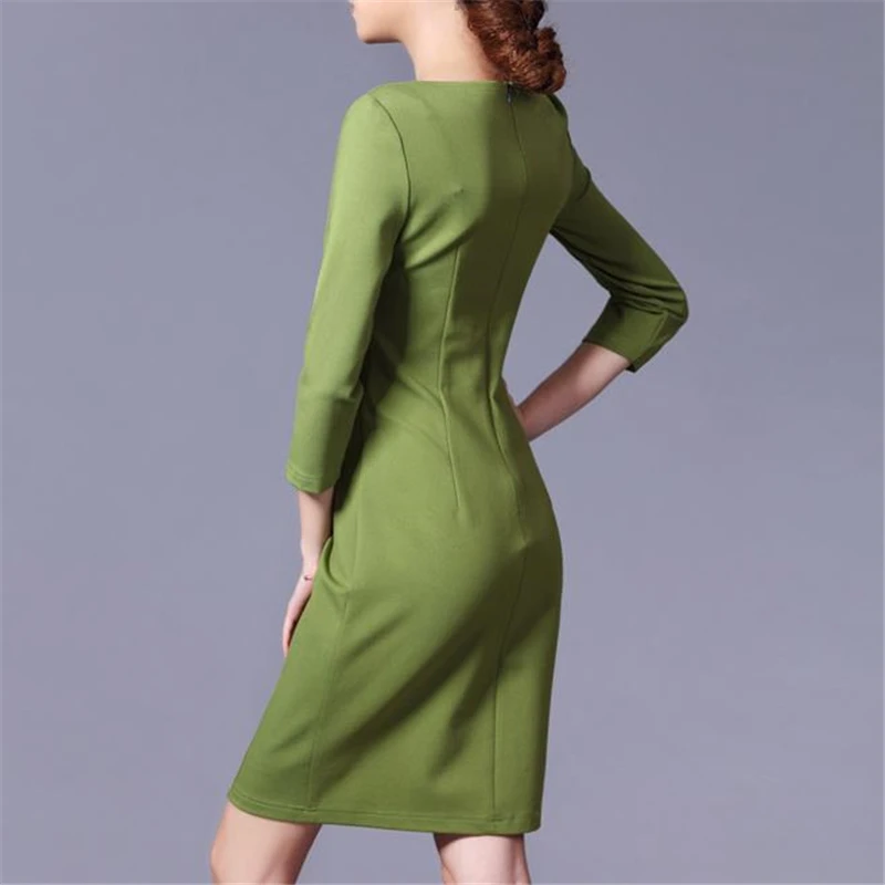 

Woman Ol Spring Plus Size Dot Jacquard O-neck Three Quarter Zippers Knee-length Pencil Dresses Female Hedging Slim Dress