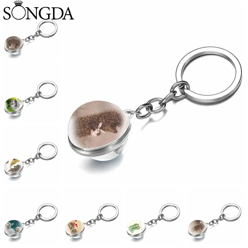 

Hedgehog In The Fog Cartoon Keychain Cute Bag Car Key Chain Metal Double Sided Glass Ball Pendant Keyring Glass Cabochon Gifts