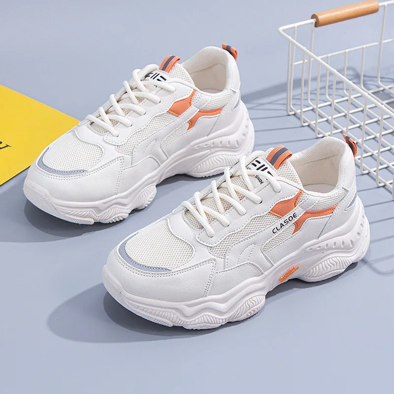 

Sports Casual Shoes Women Dad Shoes Leather Sneakers Gray Orange 35-40 Thick Soled Outdoor Traveling Shoes Girl Autumn Summer