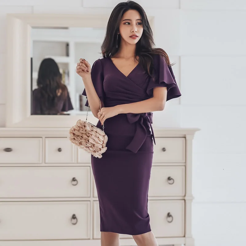 

BacklakeGirls Sexy V Neck Short Sleeve Ruffle Knee Length Cocktail Dress Deep Purple Cocktail Party Bodycon Dress Vestido Coctel