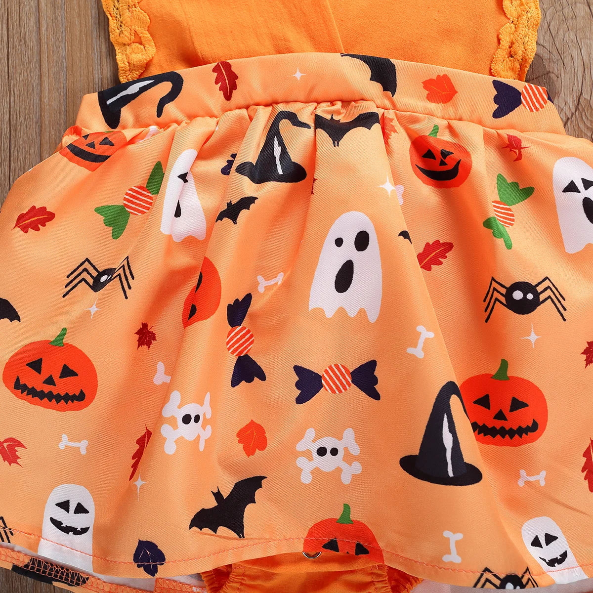 

0-18M Newborn Baby Girl Sleeveless Lace Pumpkin Print Skirted Romper Jumpsuit Headband 2PCS Halloween Clothes