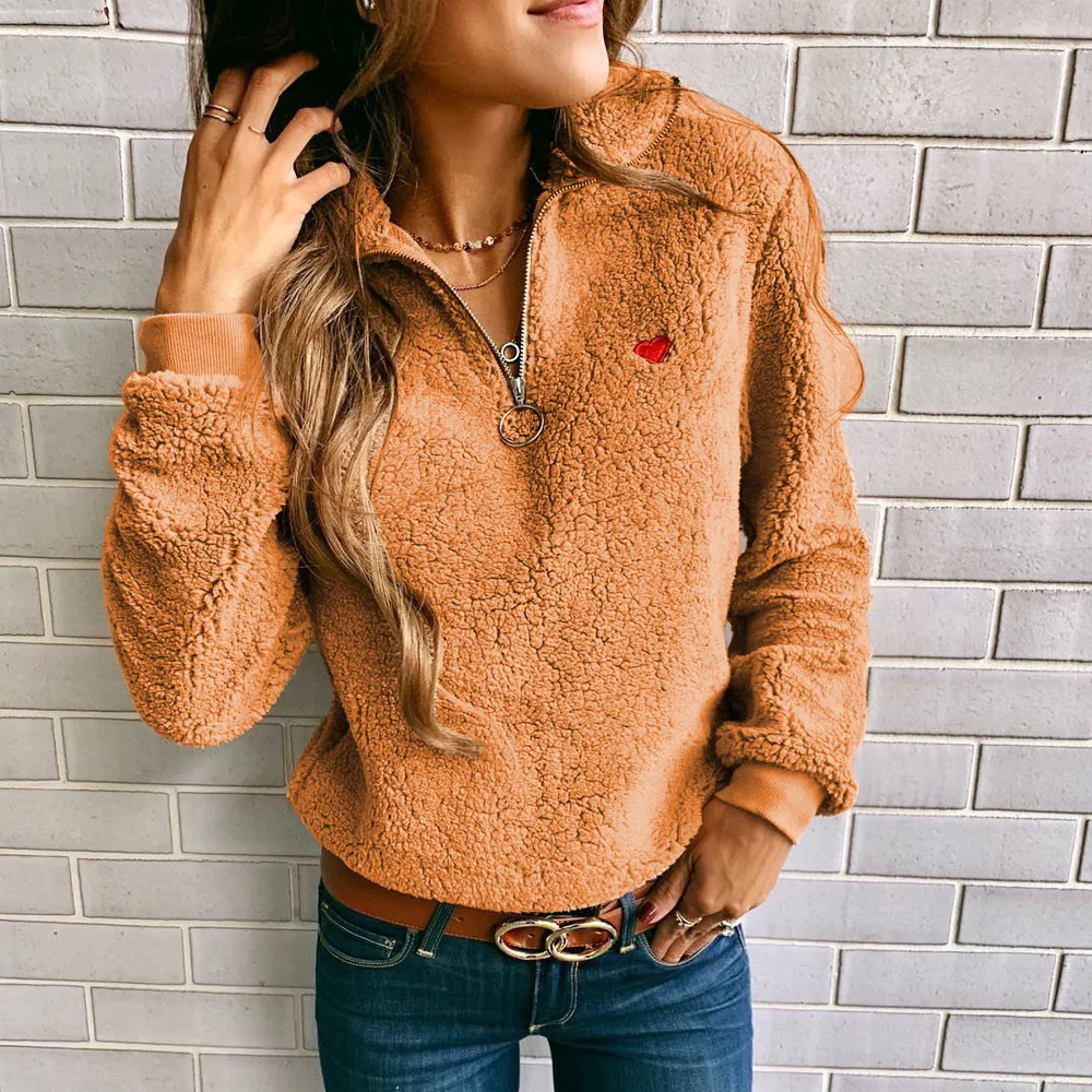 

Для женщин с длинным рукавом и изображением сердца, с вышивкой, на молнии, с v-образной горловиной, свободного покроя, пуловер, свитшот, высок...