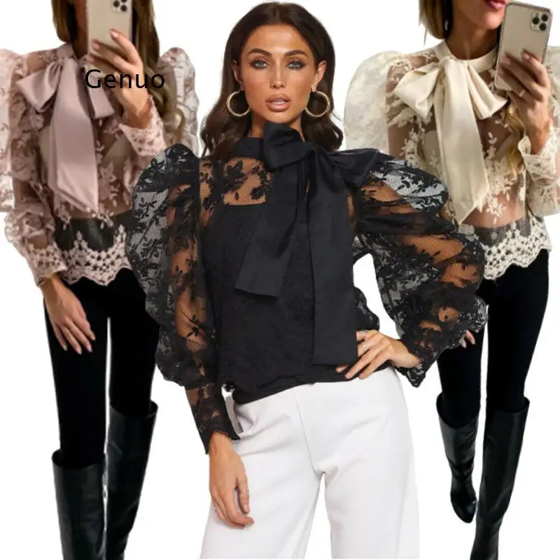 

Summer Tops Temperament Perspective Women Sexy Lace Shirt Flower Embroidery Puff Sleeve Bow Neck Female Solid Blouses Tops