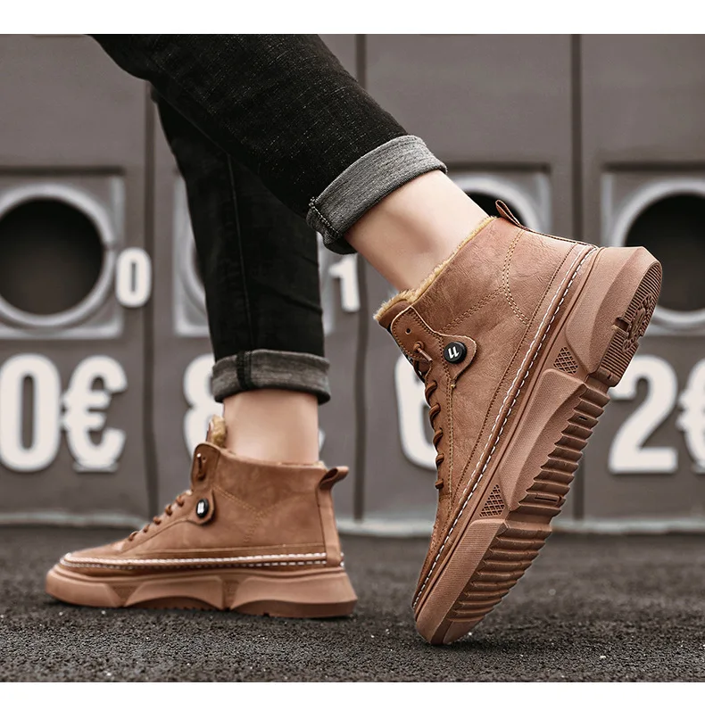 

Men Leather Boots Winter Warm Snow Boots High Quality Cow Suede Fur Mens Shoes Plush Fashion Man Rubber Ankle Boots zapatillas