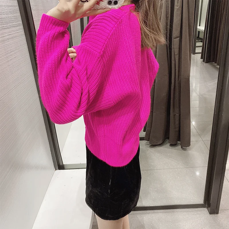 Мода Za 2020 Женский вязаный кардиган темно-фиолетовый длинный рукав v-образный