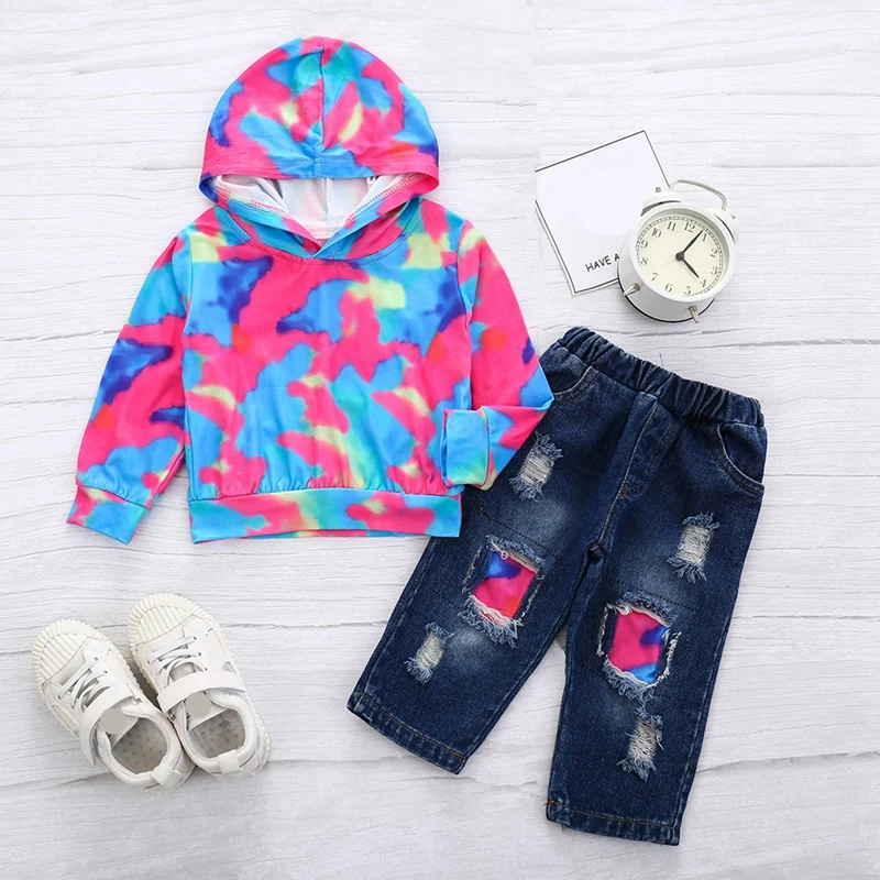 

Bobora Children Tie-Dye Hooded Long-Sleeved Pullover Sweater Hole Denim Pants Set Spring And Autumn