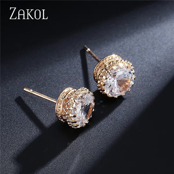 Gold Color 8mm ZAKOL, модные ювелирные изделия, корона, женские классические блестящие циркониевые маленькие серьги-гвоздики, золотой цвет, шпильки для ушей для мужчин, серьги с кристаллами EP398 - Окраска металла: Gold Color 8mm