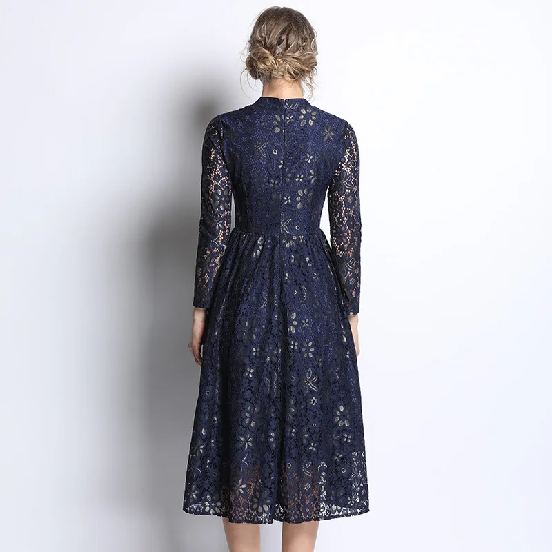 

New Elegant Vintage Fashion Women Lace Slim Tunic High Waist Evening Party Dress Lady Long Sleeve Big Swing Maxi Dresses