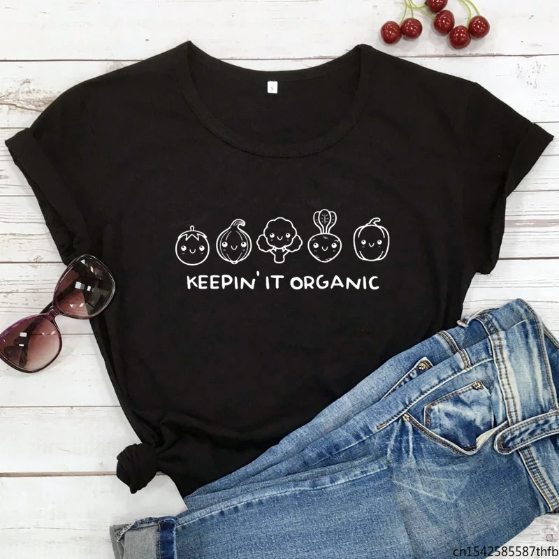 

Funny Keepin' It Organic T-shirt Cute Vegetable Graphic Tee Shirt Top Women Short Sleeve Vegan Tshirt