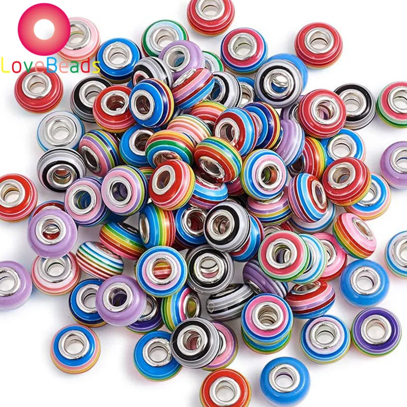 

10Pcs Colorful Resin Murano Large Hole Rainbow Beads Spacer Loose Bead Charms Fit European Pandora Bracelet Snake Chain Jewelry