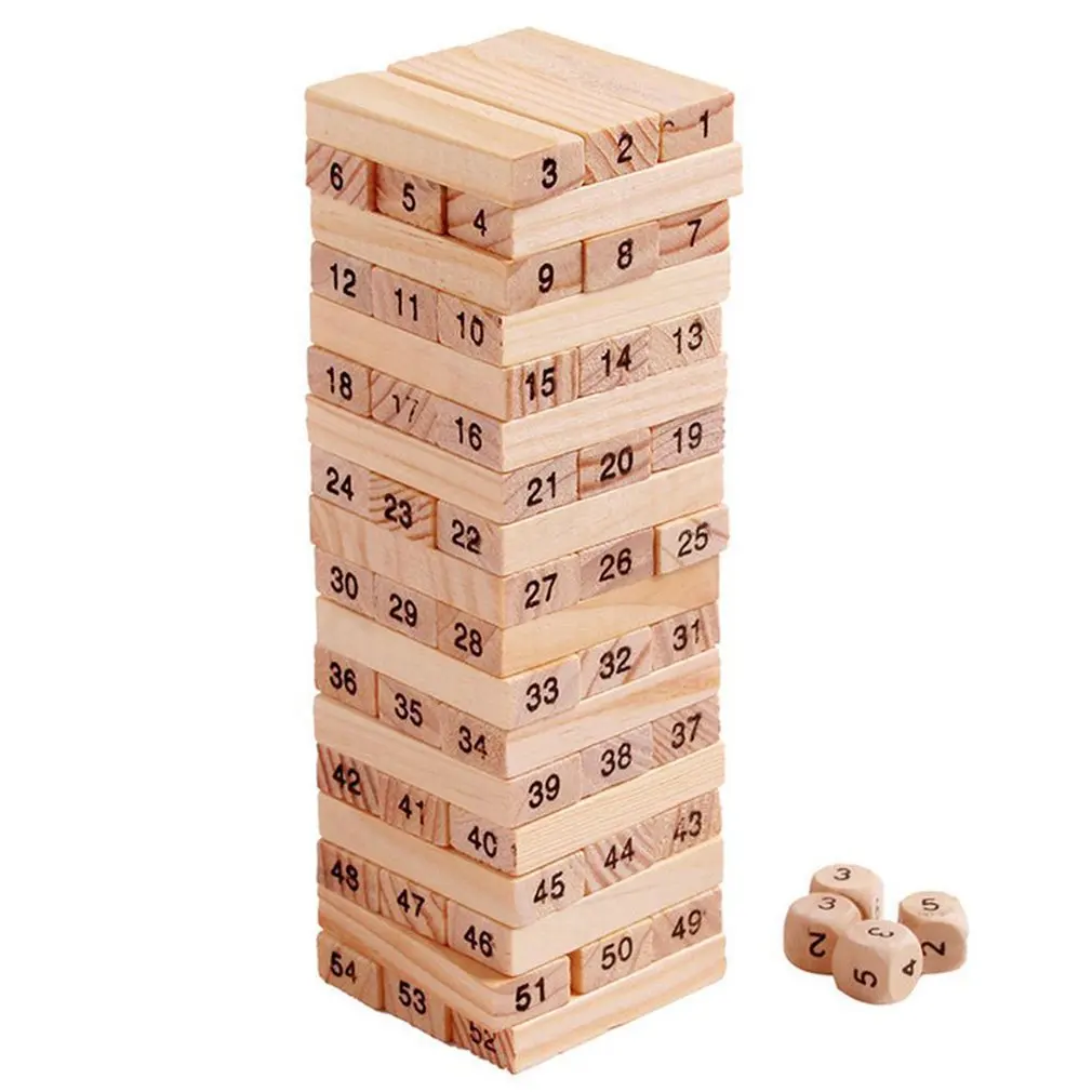 

54 Pieces Log-coloured Digital Children's Stacked Building Blocks Wooden Tumbling Tower Game Family Garden Games Toy