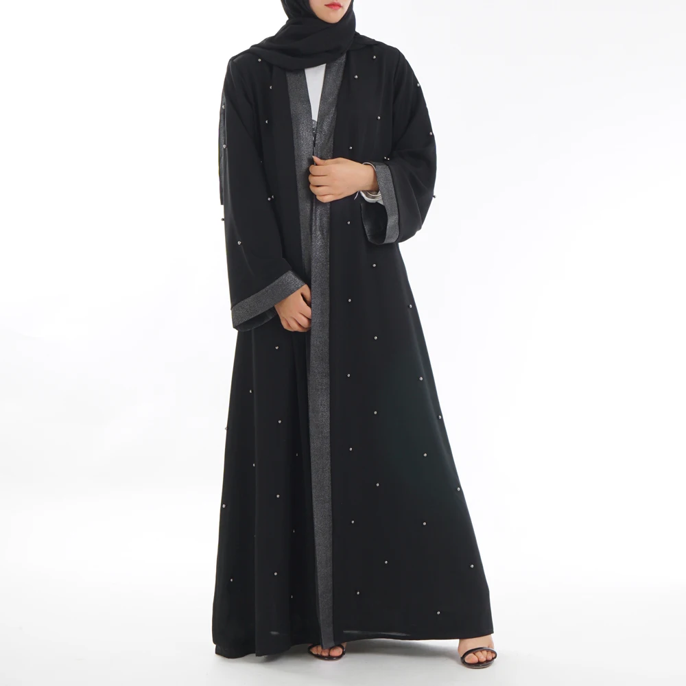 Женское платье с длинным рукавом abaya черное жемчугом и бусинами|Мусульманская