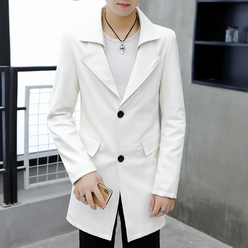 Brand Fashion Trench Coat Men Autumn Pu Leather Motorcycle Long Jacket England Style Slim Fit Black Windbreaker M-3XL | Мужская одежда