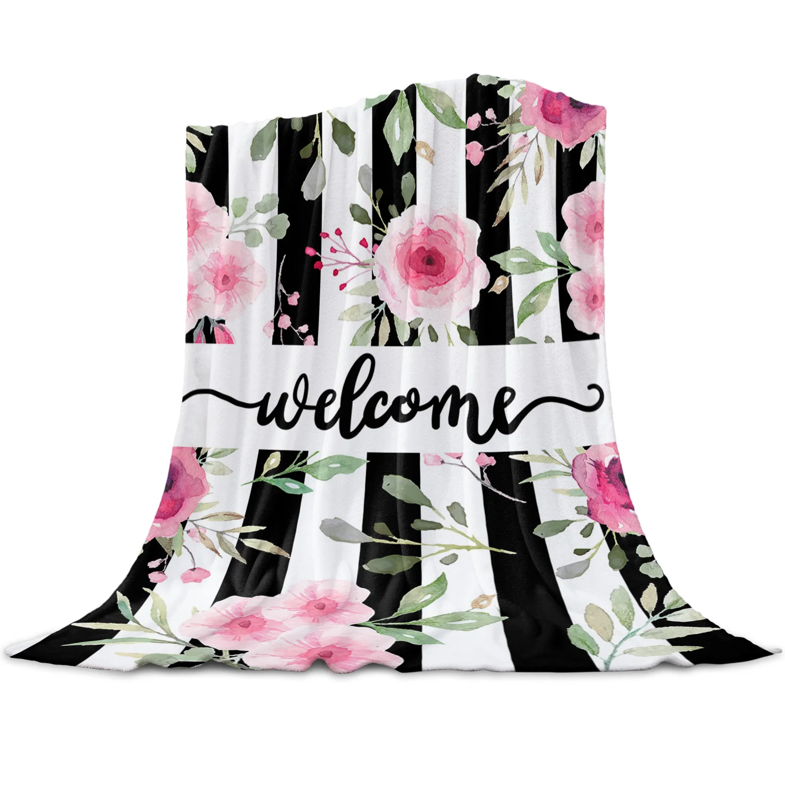 

Pink Flowers Black Stripes Wedding Welcome Flannel Blankets For Sofa Beds Room Soft Fleece Blanket Bedspread Home Textile