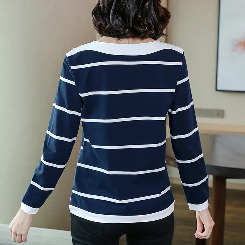 

Striped Tee Shirt Female 2021 Spring Womens Plus Size Cotton T-Shirt Korean Long Sleeve Women Tops Loose Tshirts Vintage Clothes
