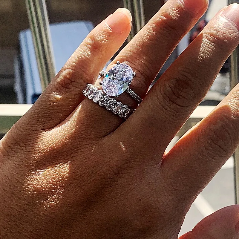 

Top Sell High Quality Luxury Jewelry Real 925 Sterling Silver Large Oval Cut White Topaz Diamond Women Wedding Bridal Ring Set