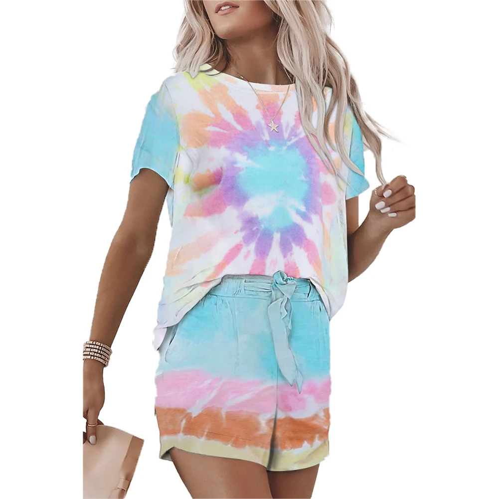 

Women Clothes Casual Loose Tie Dye Colorful Clothing Sets Lady Short Sleeve Pullover Crew Neck Top+High Waist Drawstring Shorts