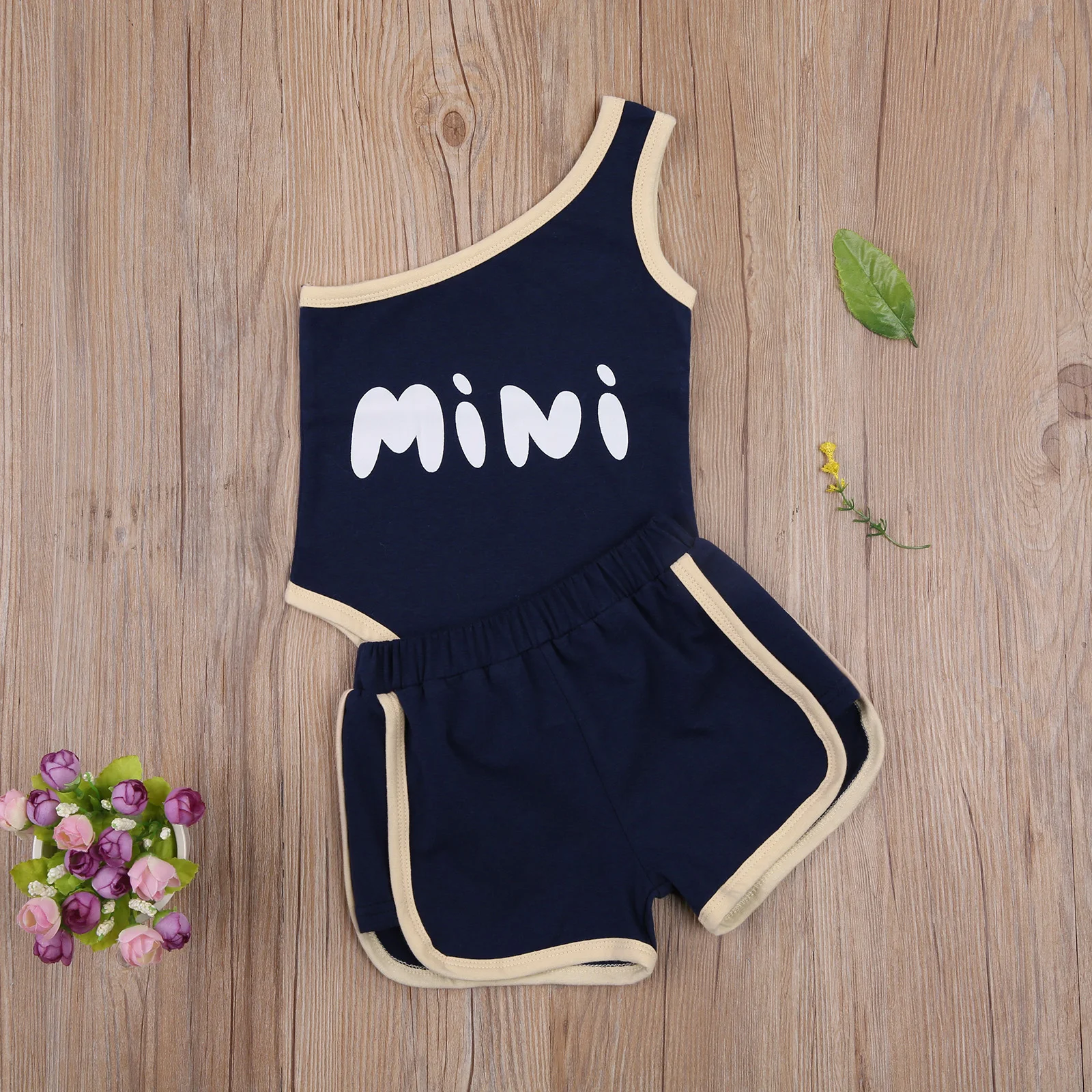 

Baby's Two Piece Set, Infant's Mini Lettering Asymmetric Shoulder Romper Elastic Waist Shorts for Children