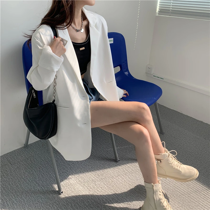 

Korean Version of Chic White Small Suit Female 2021 Summer Loose Wild Long-sleeved Top Net Red Thin Casual Suit Jacket Coats