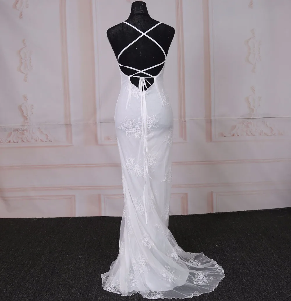 BacklakeGirls-vestidos De novia De sirena sin mangas, con escote en V profundo, correas cruzadas sin respaldo, De encaje