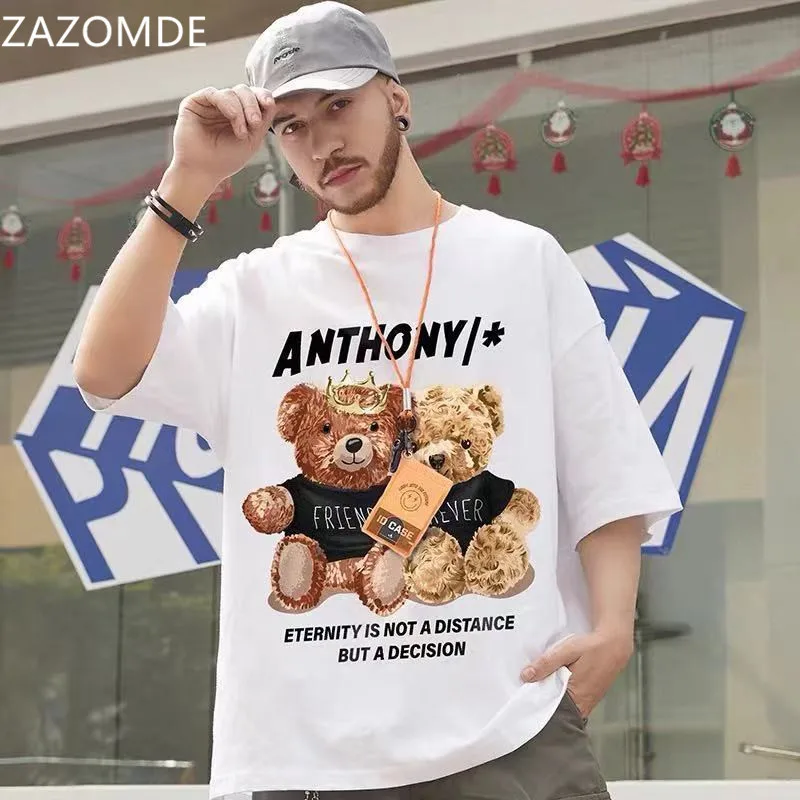 

ZAZOMDE 2022 T-shirt Men Cotton Men Clothing Fashion Oversize Bear Print Loose Short Sleeve Tshirt Men And Women Couple T Shirt