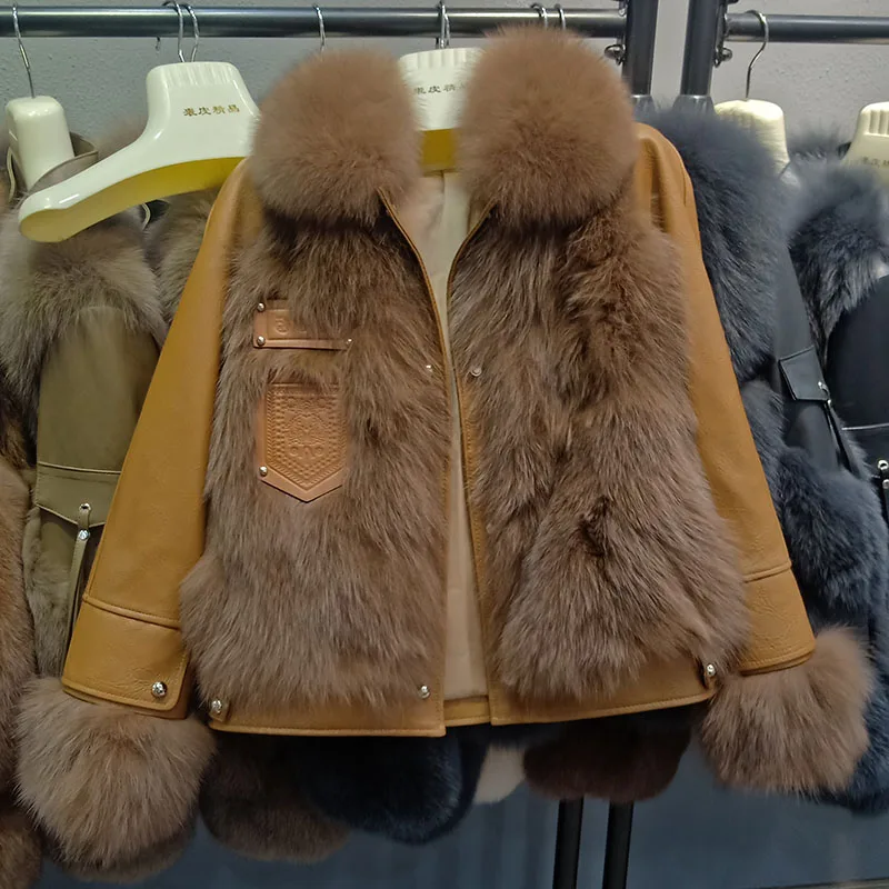 

Куртка женская из натуральной овечьей кожи, с длинным рукавом, теплая, зимняя, шуба из натурального Лисьего меха