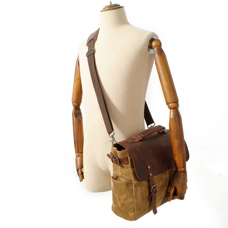Weysfor Vintage Mens Canvas Leather Briefcase Bag Business Handbag Shoulder Laptop Messenger Bag Computer Bag  Motorcycle Bag
