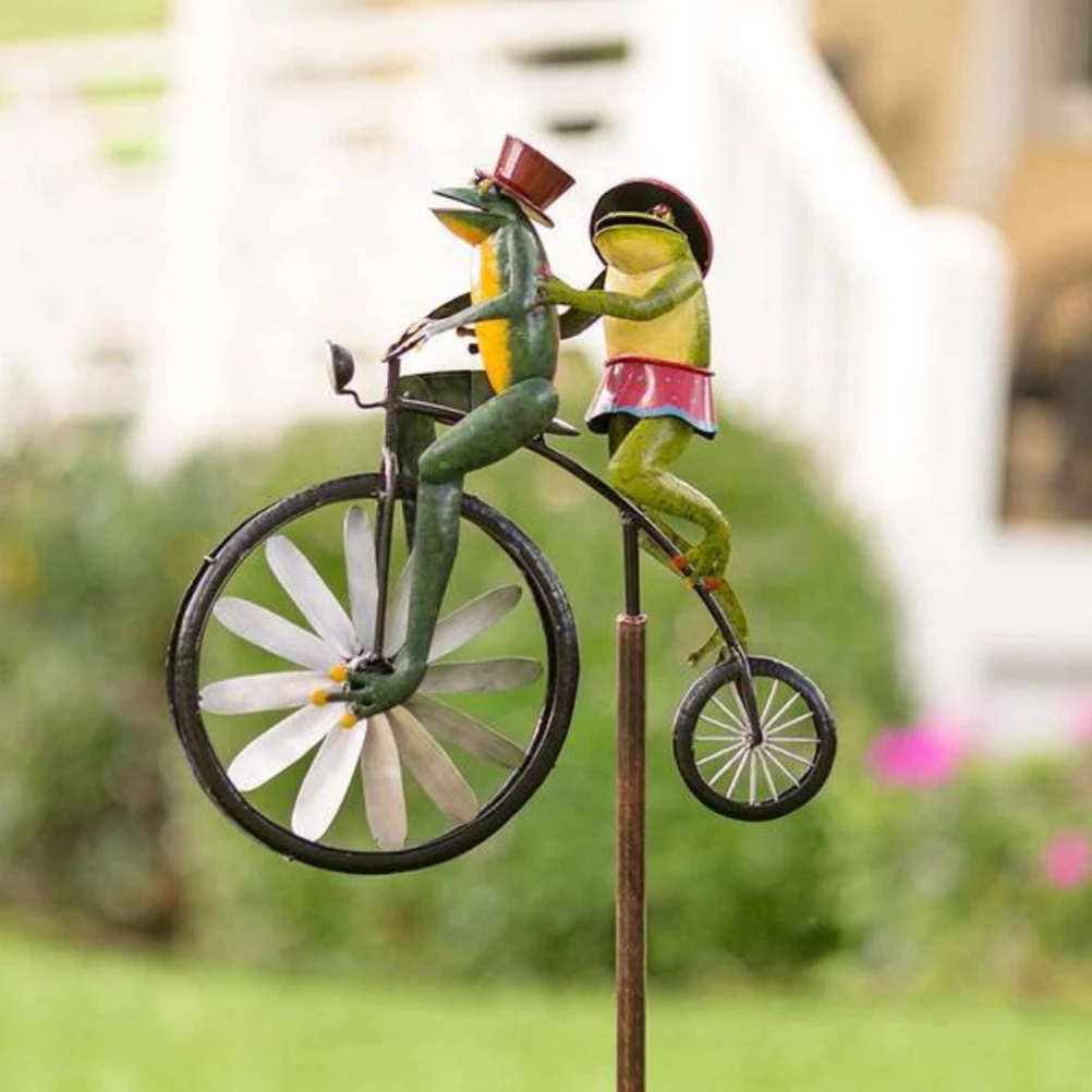

Bicycle Windmill Metal Creative 3D Frog Figurines Kawaii Crafts Ornaments For Decor Metal Frog Figurines Garden Accessories