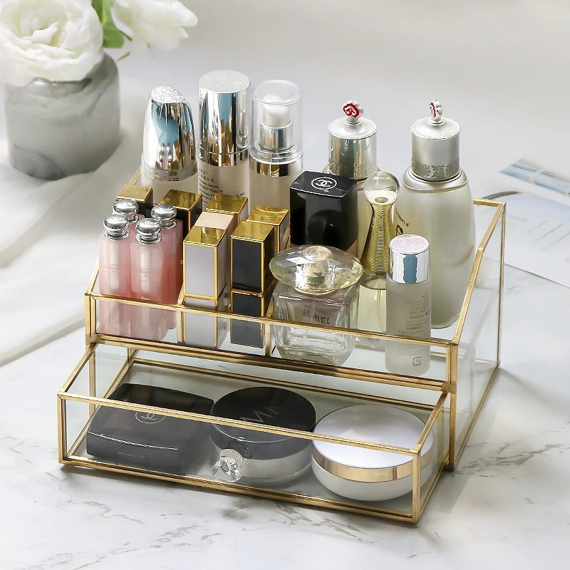 

Nordic Glass Cosmetic Organizer Bathroom Perfume Nail polish Lipstick Storage Drawer Case Dust-proof Makeup Storage Tools