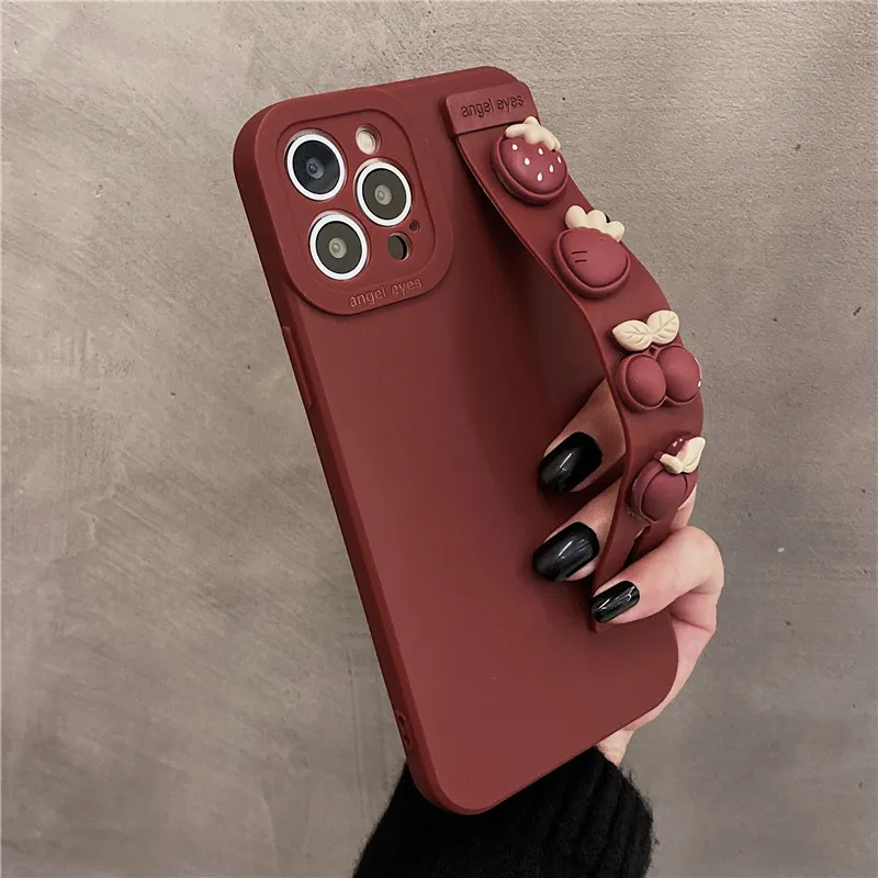 3D винно-красный чехол с ремешком на запястье для iPhone 13 Pro Max 12 11 XR X XS 7 8 Plus SE 2020