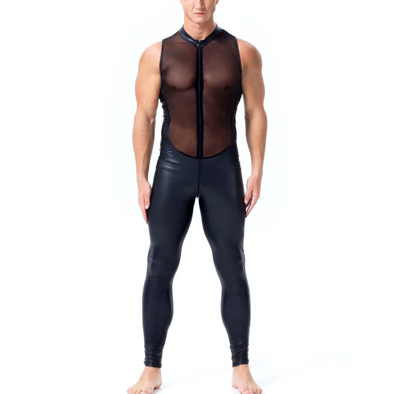 

Hot Exotic Apparel for Man Wet Look Sexy Long Pants Short Sleeve Catsuit Leather Men Mesh Bodysuit Gay Costume Plus Size S-XXL