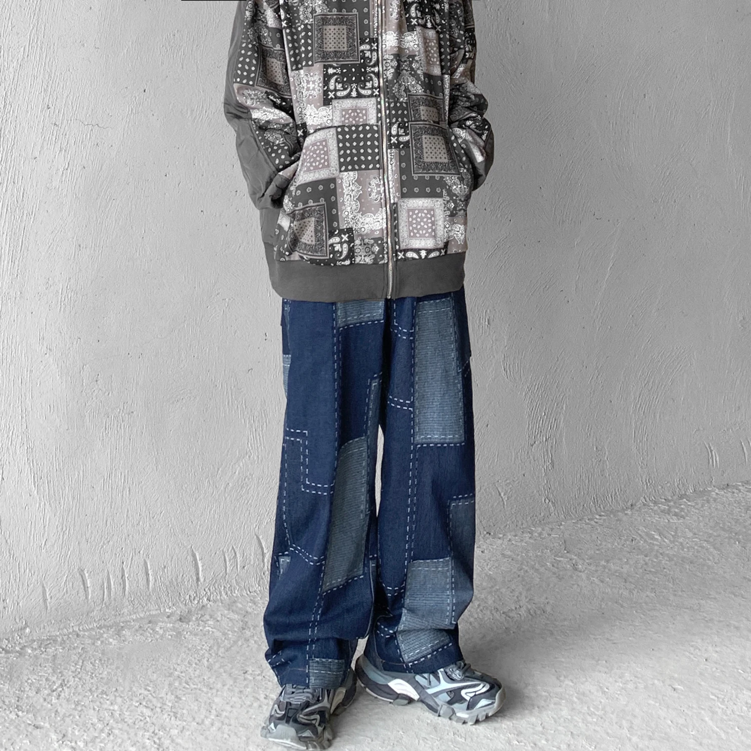 

UNCLEDONJM Vintage stitched jeans men's loose straight pants patchwork jeans hip hop distressed jeans designer pants 20325