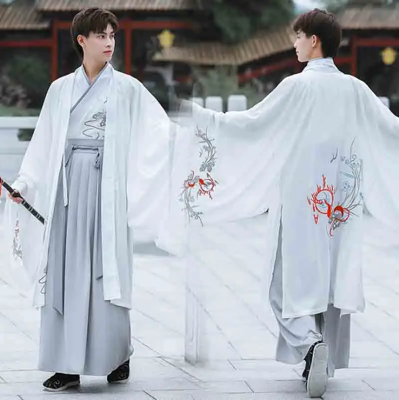 

Традиционная китайская вышивка Hanfu, мужские бело-серые комплекты, мужской Карнавальный костюм для косплея Hanfu, наряд для мужчин, размера плю...