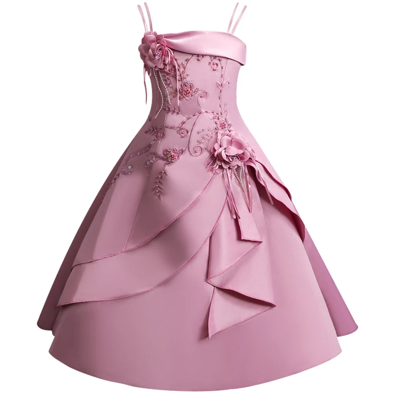 dark pink Детская одежда в европейском и американском стиле платье на бретельках для девочек высококачественное атласное свадебное платье принцессы с вышитыми цветами для девочек - Цвет: dark pink