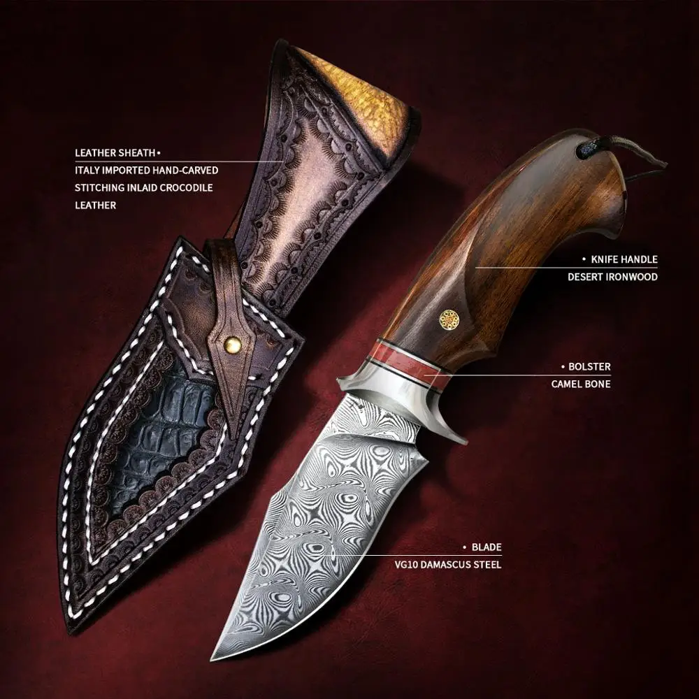 TUREN Damascus Steel Hunting Knife with Sheath 3.6inch Desert Ironwood/Stabilized Wood Fixed Blade Knives Tactical Camping | Инструменты