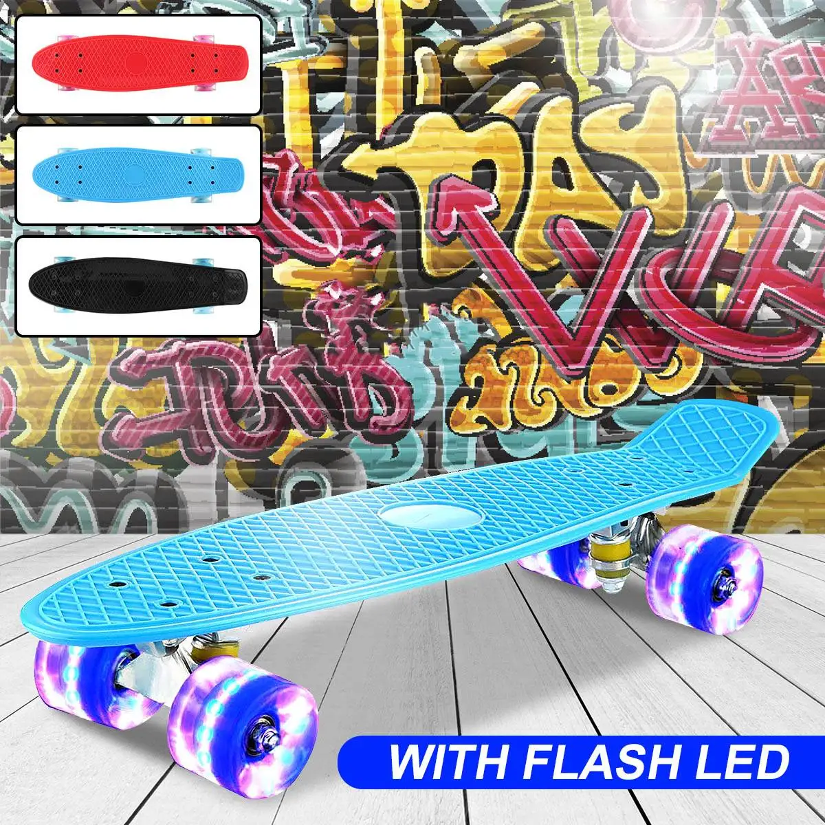 

22in Mini Skateboard Plastic Longboard Retro Skate Board Flashing Light Four-wheel Fishboard Flashing Light Street Outdoor Sport