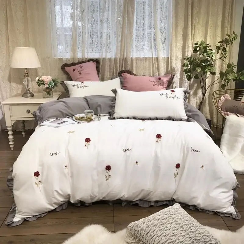 

600TC Thick Cotton White Pink Bedding Set Queen King size Bed sheet Fitted sheet Bedlinen duvet covers linge de lit ropa de cama