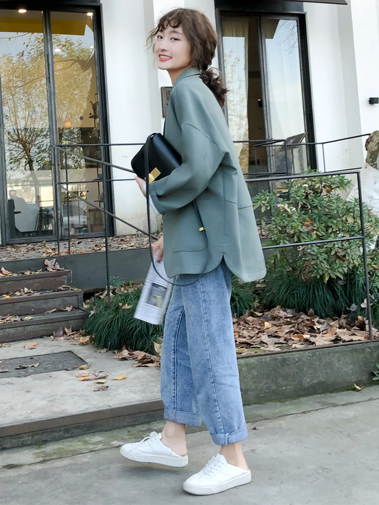 Женский Повседневный Блейзер свободный однотонный бежевый пиджак с длинным