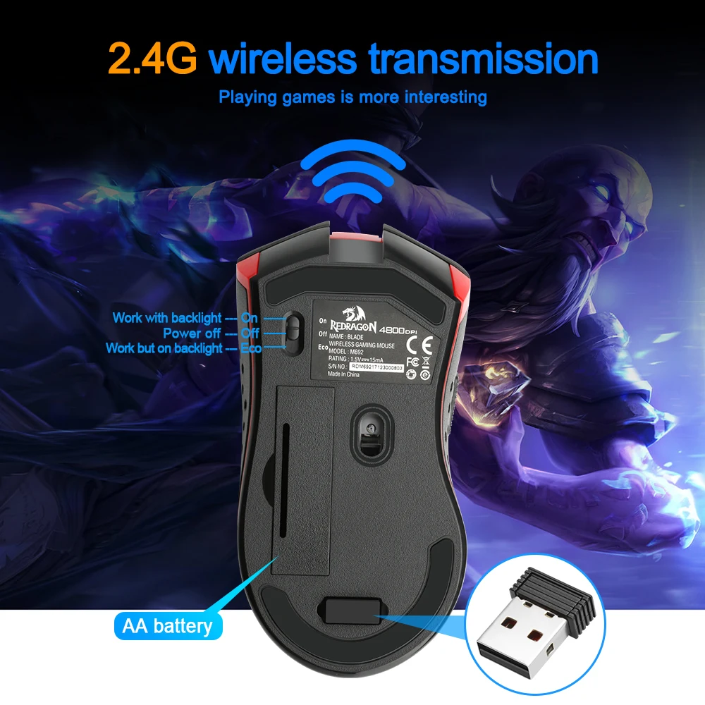 Redragon Blade M692 USB Беспроводная игровая мышь 4800 точек/дюйм 9 Кнопок Программируемый
