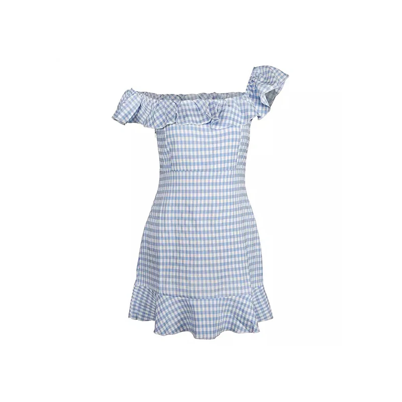 

HOUZHOU Blue Plaid Dress Summer Sweet Kawaii Off Shoulder Butterfly Sleeve Sundress Women Sexy Elegant Gingham Mini Dresses