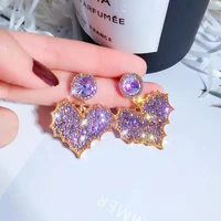 women heart earrings purple color temperament rhinestone fashion drop earrings wedding party jewelry gift