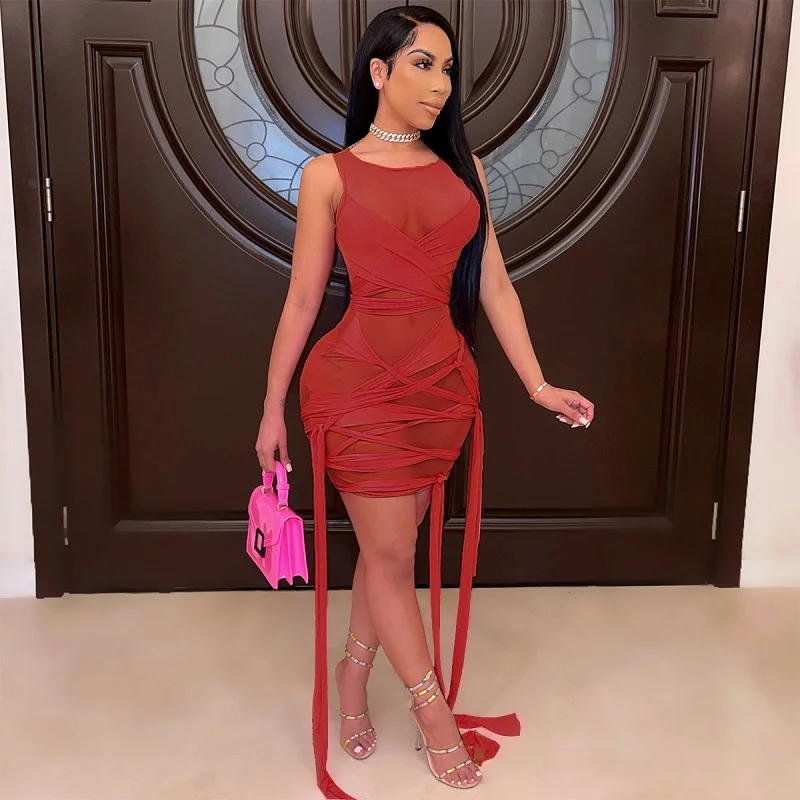

2021 New Summer Mesh Bodycon Dresses For Women Sexy Stretchy Sleeveless Bandage Dress Party Club Mini Dresses Women Evening