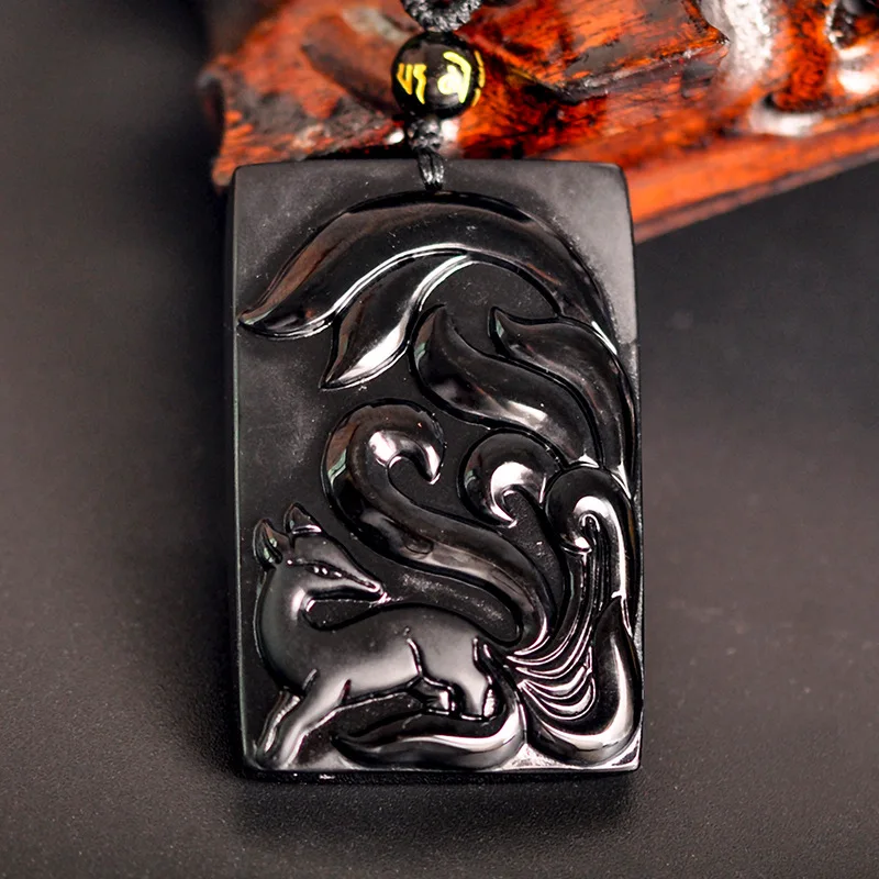 Резной черный обсидиан с девятью хвостами лисы нефрита кулон ожерелье китайская