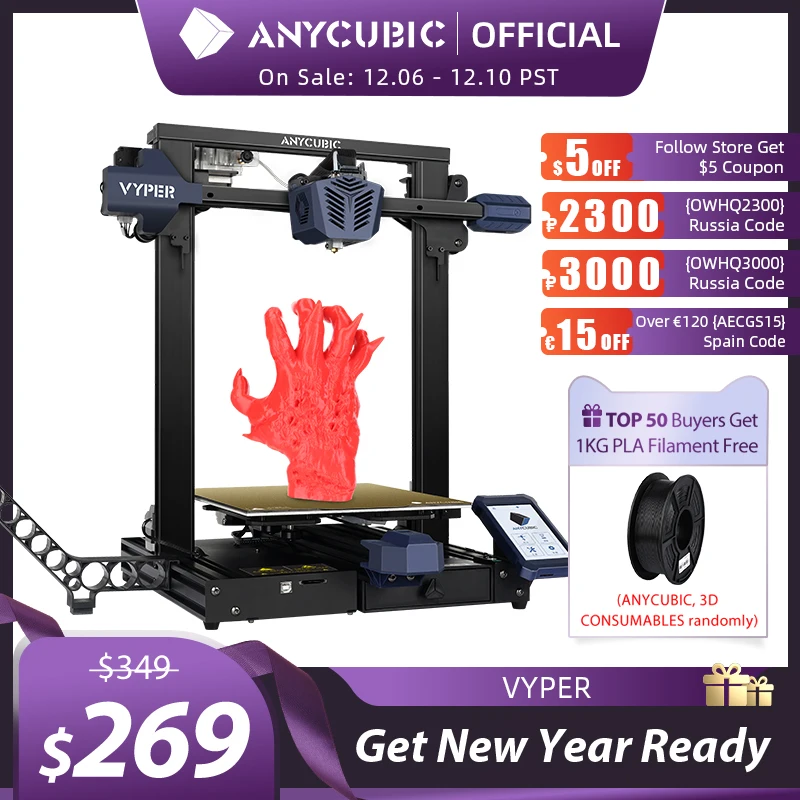 

ANYCUBIC Newest FDM 3D Printer, Vyper, Auto-leveling 3D printer With 245 * 245 * 260mm Print Size Automatic Leveling 3D Printing