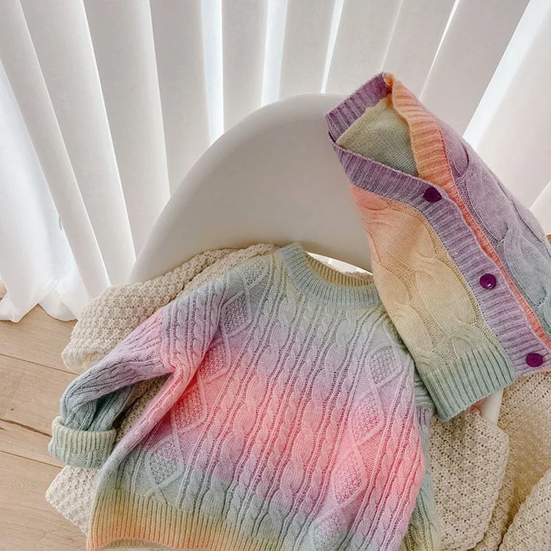 Вязаный кардиган для маленьких девочек Детский свитер с рисунком радуги одежда