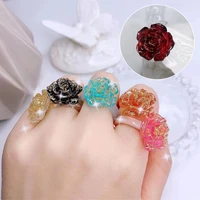 diy creative summer new resin three dimensional flower petals gold foil color rose ring finger ring female