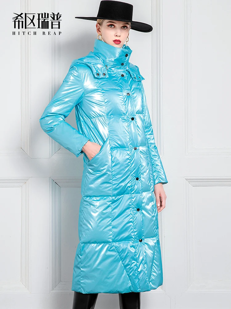 

High End White Down Thickened Bright Face Loose Tooling Down Jacket Women's Long Over Knee a Version 2020 New Popular