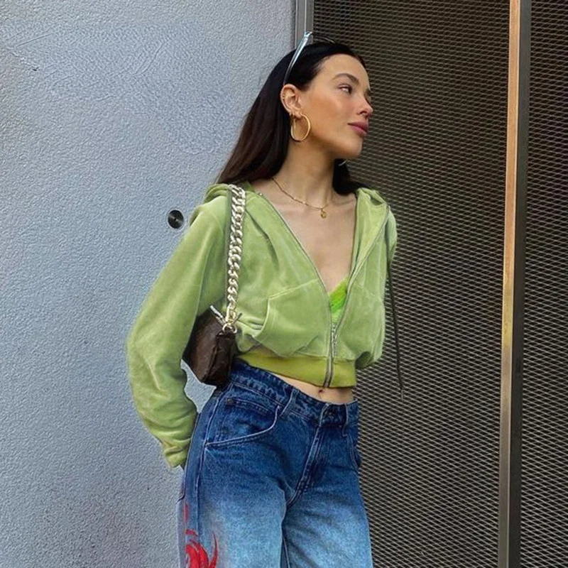 

Autumn 2021 Green Velvet Long Sleeve New Cropped Hoodies Women Zip Up Vintage Casual Hooded Jacket Sweatshirts Harajuku